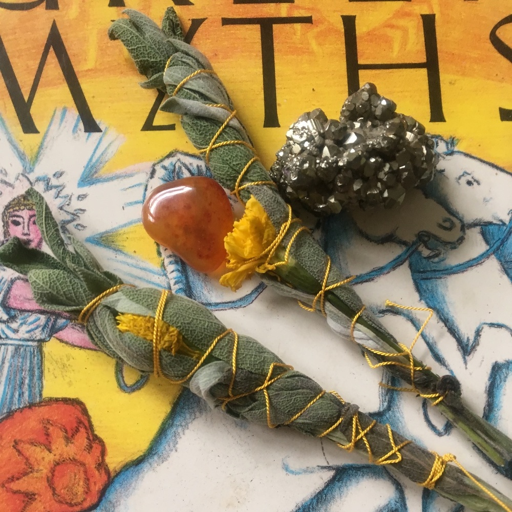 Simple sun wands- organic handmade hand grown sage and marigold smudge wand